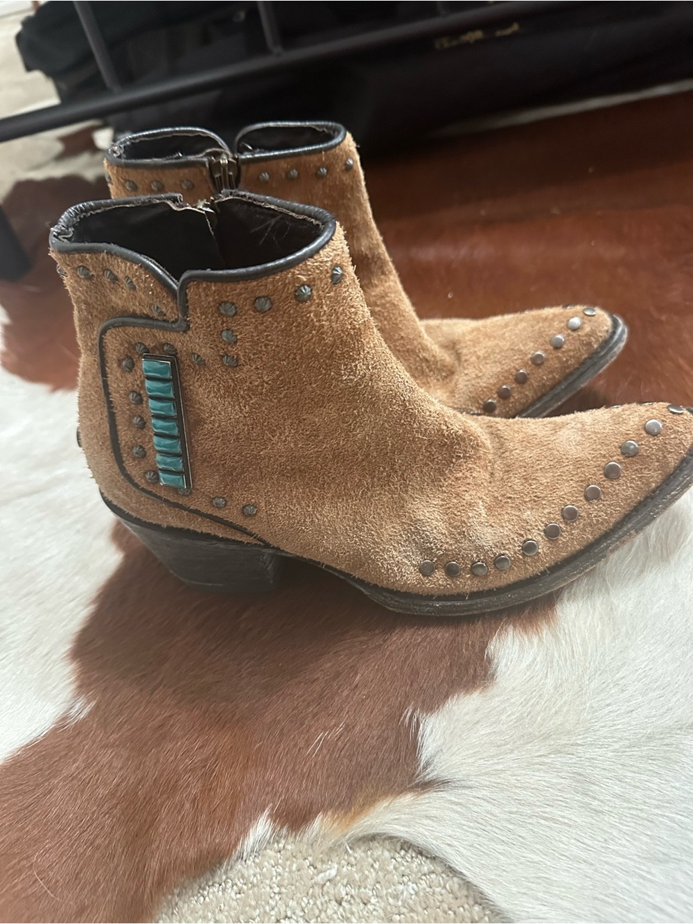 Double D Ranch Tan Suede Ankle Boots with Turquoise Bead Accent
